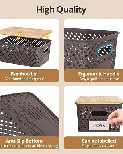 Plastic Storage Bins with Bamboo Lids, Stackable Small Box Baskets for Organizing and Containers for Shelves Drawers Desktop Closet Pantry Classroom Office Home, 6 Pack 10.2x7.2x4.1 Inch, Brown