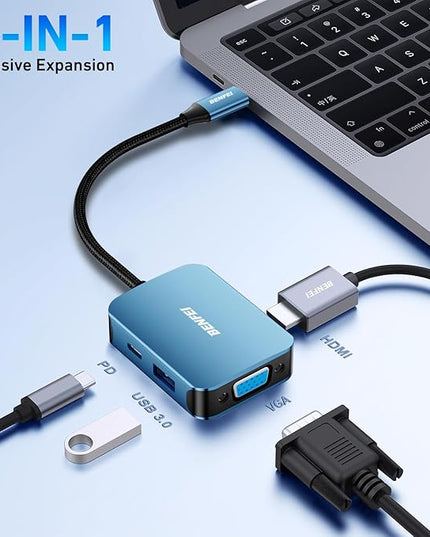 BENFEI USB C HUB 4-in-1, USB Type-C to HDMI VGA Adapter, USB C to USB Adapter, USB Type-C Power Delivery, Compatible with iPhone 15 Pro/Max, MacBook Pro/Air 2023, iPad Pro, iMac, S23, XPS 17