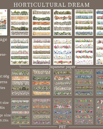 20 Sheets Gardening Scene Pre-Cut Sticker Book for Junk Journal Supplies, Flower Fence Retro Wall Collage Background Journaling Stickers, PET and Washi Stickers for Adults Planner Bujo