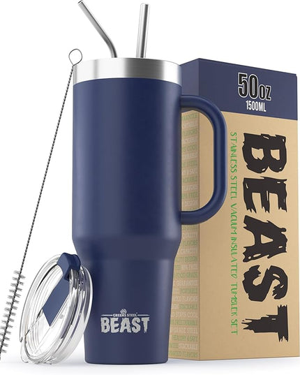 Beast 50 oz Tumbler with Handle Stainless Steel Vacuum Insulated Coffee Ice Cup Double Wall Travel Flask (Royal Blue)