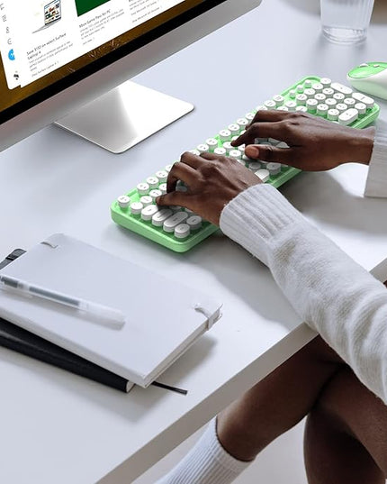 MOFII Wireless Keyboard and Mouse Combo, Computer Full Size 2.4G Plug and Play Wireless Typewriter Retro Round Keyboard and Mouse Set for Windows, Computer, Desktop, PC, Notebook - (Light Green)