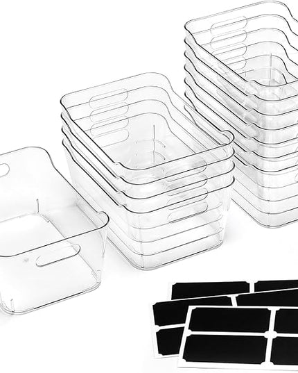 12 PACK Multi-Use Clear Plastic Storage Bins for Organizing w/Labels - Home, Kitchen, Pantry, Bathroom, Office, Cabinet Shelf Organizer Bins - SOHO Collection, RV, Fridge Organization Containers - L