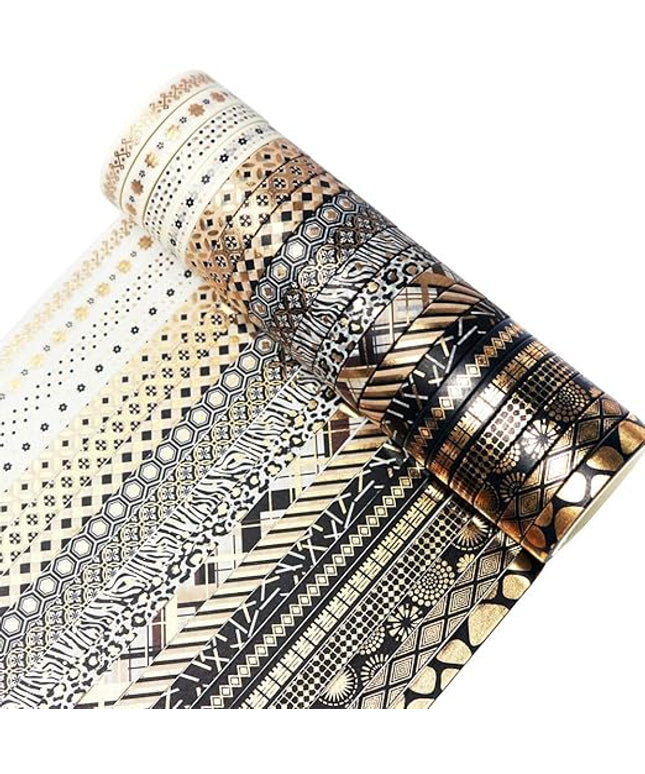 YUBBAEX 20 Rolls Washi Tape Set Black Gold Foil Print Decorative Tapes for Arts, DIY Crafts, Bullet Journals, Planners, Scrapbook, Wrapping (Skinny Black Gold x 20 Rolls)