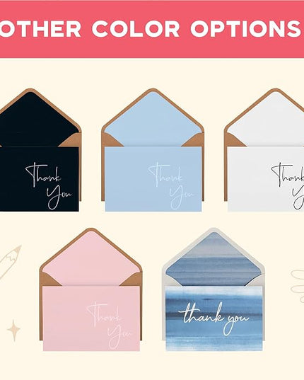 VNS Creations Thank You Cards With Envelopes Bulk Set & Stickers - 100 Pack 4x6 Blank Thank You Notes Bulk Box Set - Large Note Card Small Business, Wedding, Baby Shower & Bridal Shower - Navy Blue