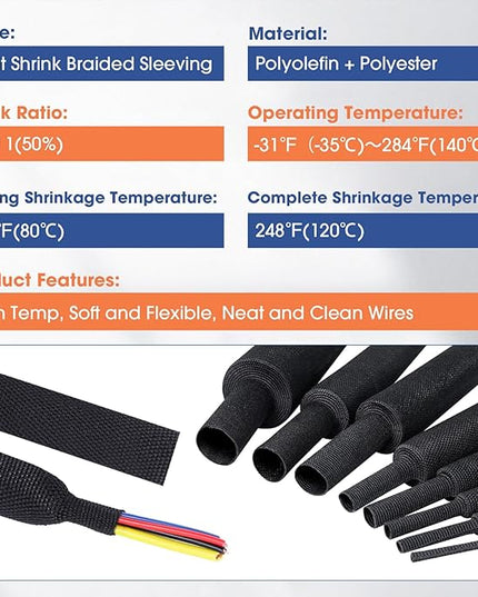 FOURUB 2:1 Heat shrinkable Braided Sleeving Fabric Wire Loom High Temp Heat Shrink Wiring Harness Abrasion Protector Cable Sleeve(1"-27ft)
