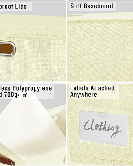 17" Large Collapsible Storage Bins with Lids, Stackable Closet Organizers with PU Handle and Labels, 3-Pack Decorative Fabric Storage Boxes for Home, Bedroom, Closet, Office, Nursery(Beige)