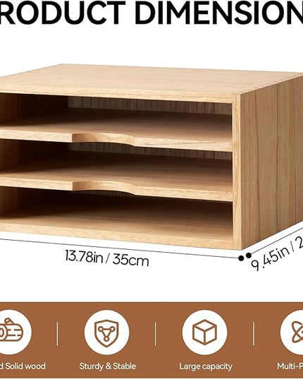 KIRIGEN Wooden Desktop Organizer Paper Storage Letter Tray File Sorter - Desk Rack Magazine File Dividers Holders for Home Office Accessories Wood Desk Cabinet with 3 Layer Trays Natural(3KWJG-NA)