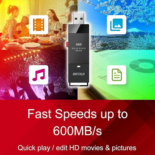 BUFFALO External SSD 1TB - Up to 600MB/s - USB-C - USB-A - USB 3.2 Gen 2 (Compatible with PS4 / PS5 / Windows/Mac) - External Solid State Drive Stick - ‎‎SSD-PUT1.0U3B