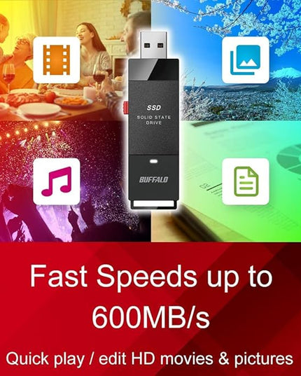 BUFFALO External SSD 2TB - Up to 600MB/s - USB-C - USB-A - USB 3.2 Gen 2 (Compatible with PS4 / PS5 / Windows/Mac) - External Solid State Drive Stick - ‎‎SSD-PUT2.0U3B