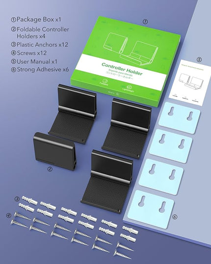 4 Pack Foldable Controller Wall Mount Holder, Xbox Controller Stand , Compatible with Xbox Switch, Adhesive/Screw,Remote Accessories, Keyboard Holder,Wall Mount Storage, Headphone & Headset Hanger