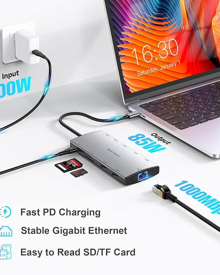 USB C Docking Station Dual Monitor, RSHTECH 11-in-1 USB C Hub Multiport Adapter with 2 HDMI 4K/8K, 3 USB 3.2 Ports 10Gbps(2C+1A), 2 USB 3.0 Ports, 100W PD, Gigabit Ethernet, SD/TF Card Reader