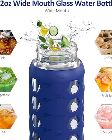 MUKOKO 32oz Glass Water Bottles with 2 Lids-Handle Spout Lid&Bamboo Straw Lid, Motivational Water Tumbler with Time Marker Reminder and Silicone Sleeve, Leakproof-Blue-1 Pack