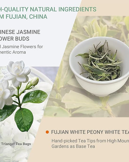 ADMIRINGAZELAND Jasmine White Tea Bags - 30 Count Fujian White Peony Leaf & Real Jasmine Flowers Blend with Pyramid Bags, Morning & Afternoon Chinese Tea Gift for Women & Men, 2.1oz