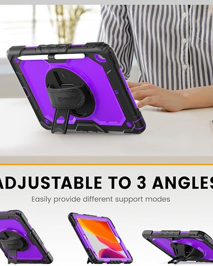 Timecity Case for iPad 9th/ 8th/ 7th Generation 10.2 inch - Heavy Duty Protective Cover with Screen Protector, Rotating Stand, Shoulder Strap & Pencil Holder | Kids-Friendly (Purple)