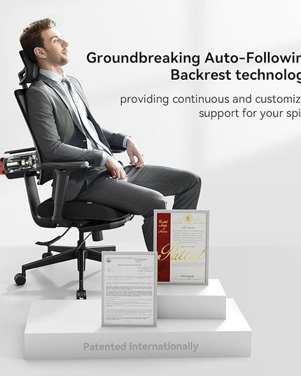 Newtral Ergonomic Home Office Chair-Office Desk Chair with Footrest, Auto-Following Backrest & Headrest, 4D Armrests, 96°-136° Recline (Black, with Laptop Table + 2D Headrest)