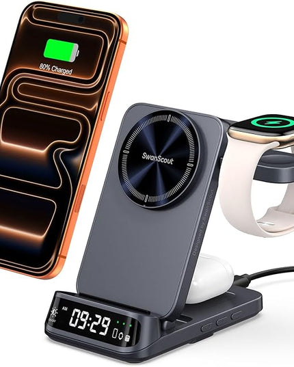 Wireless Charger Stand Compatible with MagSafe, SwanScout 708M, Foldable 3 in 1 Magnetic Wireless Charging Station for iPhone Air/17/16/15 Series, Travel Charger for Apple Watch, AirPods (No Adapter)