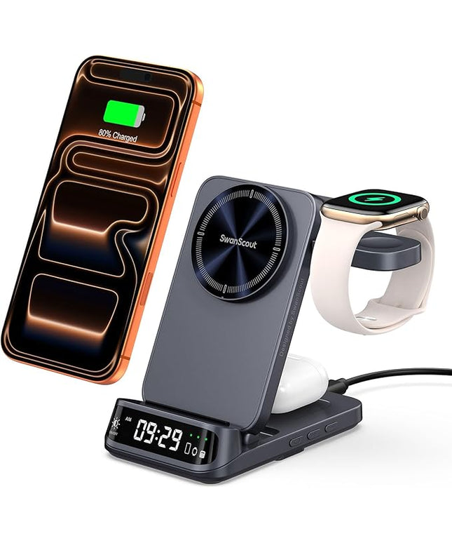 Wireless Charger Stand Compatible with MagSafe, SwanScout 708M, Foldable 3 in 1 Magnetic Wireless Charging Station for iPhone Air/17/16/15 Series, Travel Charger for Apple Watch, AirPods (No Adapter)