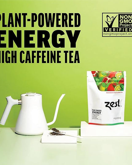 Zest Energy Green Tea - Pomegranate Mojito Loose Leaf Blend - High Caffeine Peppermint - Caffeinated Coffee Substitute - Natural, Non-GMO & Keto Friendly - Hot or Iced - 50 Servings - 135mg Caf