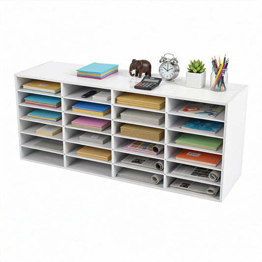 24 Slot Mail Sorter Organizer, Wood Literature Organizer Student Mailbox for Classroom, Desktop File Paper Storage Rack for Office Home School - 39.4"L×11.8”W×16.5“H (White, 24-Compartment-A)