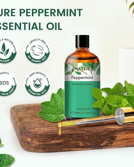 PHATOIL Peppermint Essential Oil, Huge 3.38 Fl Oz Pure and Natural, Premium Grade Essential Oil for Diffuser and Aromatherapy