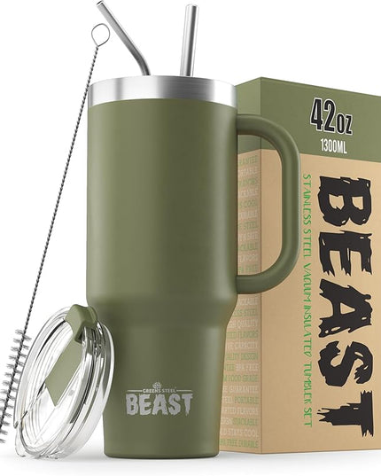 Beast 42 oz Tumbler with Handle Stainless Steel Vacuum Insulated Coffee Ice Cup Double Wall Travel Flask (Army Green)