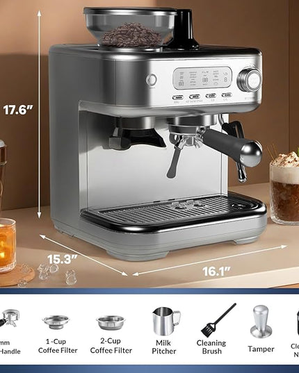 IDEALHOUSE Espresso Maker with Grinder,Milk Frother, 15 Bar Pump, 15 Grind Settings, Digital Display, High Power Milk Frother, Digital LCD Screen, Stainless Steel Coffee Maker for Home and Office