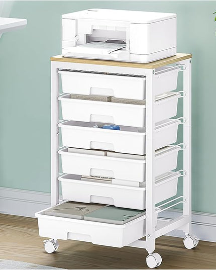 Rolling Storage Utility Cart with 6 Drawers and Wooden Tabletop for Under Desk Storage,White
