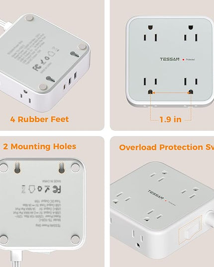 Surge Protector Power Strip, TESSAN 5 Ft Flat Plug Extension Cord with Multiple Outlets, 3 USB (1 USB C PD 20W), 8 Outlets, 900J Surge Protection, for Home, Office, Dorm Room Essentials, 1250W