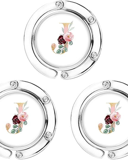 Iqimott 3pcs Personalized Initial Foldable Purse Hook for Table, Flower Letter Folding Handbag Hanger Portable Magnet Table Hook Holder, Collection Desk Purse Hooks for Women Bag (Pink-J)