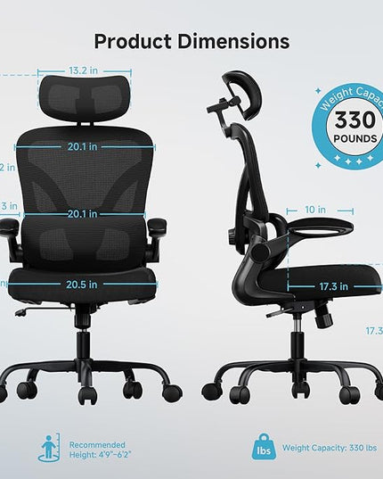 Ergonomic Office Chair, 330LBS Desk Chair with 3-Level Lumbar Support & Headrest, Breathable Mesh Backrest, Flip-Up Armrests for Home Office and Gaming, Black