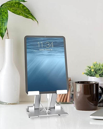 KABCON Quality Tablet Stand,Adjustable Foldable Eye-Level Aluminum Solid Up to 15-in Tablets Holder for Microsoft Surface Series Tablets,iPad Series,Samsung Galaxy Tabs,Amazon Kindle Fire,Etc.Silver