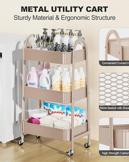 EAGMAK 3 Tier Rolling Cart, Large Metal Storage Cart with Handle and Lockable Wheels, Big Multifunctional Storage Organizer Trolley with Mesh Baskets for Kitchen, Living Room, Office, Garage (Beige)