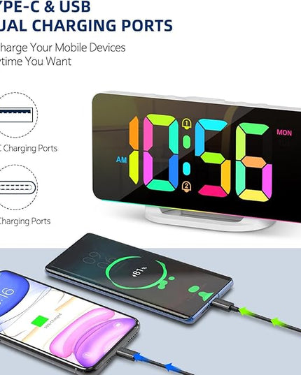 Hournor Digital Alarm Clock, LED Digital Clock for Bedrooms with 10 Color Changing Night Light, Adjustable Brightness, USB Charging Port, Bedside and Desk Clocks for Living Room Office (White)