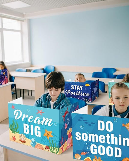 Honoson 24 Pcs Bulk Inspirational Privacy Folders for Students Cardboard Test Privacy Boards Motivational Words Desk Dividers Shield for Classroom School Study Supplies, 6 Styles (Ocean Animal)