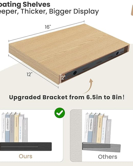 Heimlove 12 Inch Deep Floating Shelves, 16 x 12 inches Long Wall Shelf, Large Extra Display Shelf & Storage Shelf, Rustic Wood Wall Shelves for Fireplace Mantel, Oak - 2Pack