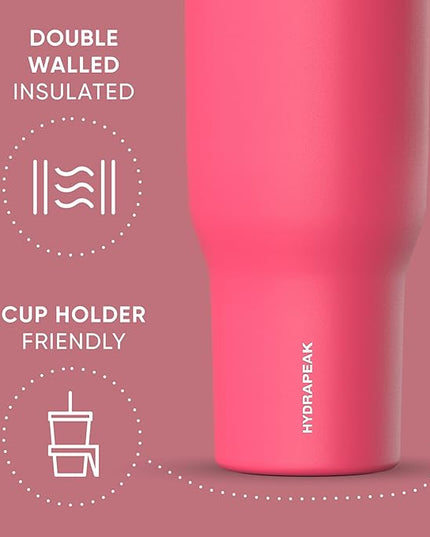 Hydrapeak Voyager 40 Oz Stainless Steel Tumbler with Handle, Insulated Water Bottle With Straw & Lid, Cupholder Friendly Reusable Travel Mug (Hot Pink)