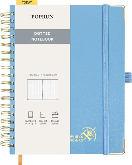 POPRUN Spiral Dotted Journal Notebook, 7-1/4" x 9-1/2" - 120 GSM Thick Paper, 220 Numbered Pages, Hardcover for Men & Women with Pocket, Index Tabs, 8 Perforated Sheets, Haze Blue