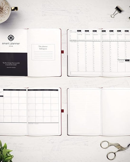 Smart Planner Pro – Undated Daily Planner – Medium B5 – Achieve Goals & Increase Productivity with Weekly, Monthly, Work Sections - Organizer Planner with Back Pocket, 3 Satin Bookmarks & Pen Holder