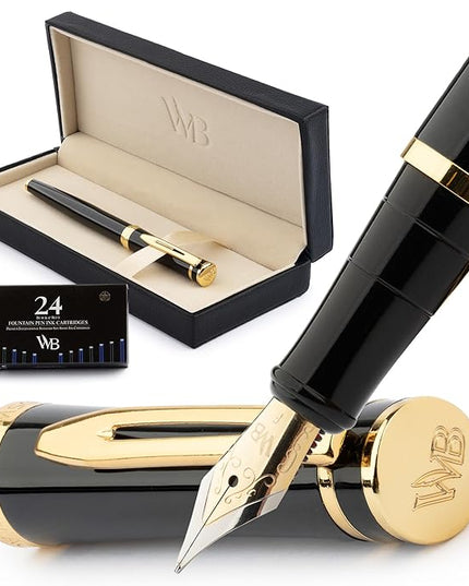 Wordsworth & Black Fountain Pen Set, 18K Gilded Fine Nib, Includes 24 Pack Ink Cartridges, Ink Refill Converter & Gift Box, Gold Finish, Calligraphy, [Black Gold], Perfect for Men & Women