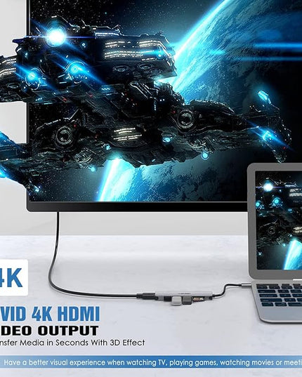 USB C Hub Multiport Adapter - 7 in 1 Portable Space Aluminum Dongle with 4K HDMI Output, 3 USB 3.0 Ports, SD/TF Card Reader Compatible for MacBook Pro, XPS More Type C Devices