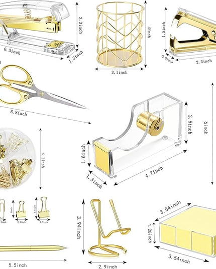 Gold Desk Accessories, Acrylic Stapler, Staple Remover, Tape Holder, Pen Holder, Ballpoint Pen, Scissor, Binder Clips, 1000pcs Staples, Phone Holder, Ruler, Transparent Glue and 300 Notes