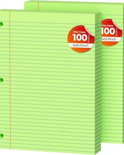 Green Loose Leaf Paper 200 Sheets Colored Filler Paper 2 Pack 8 * 10.5 College Ruled Paper 3-Hole Punched Paper for 3-Ring Binders Notebook Lined 8" x 10.5"