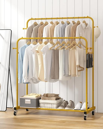 Laiensia Double Rods Garment Rack with Wheels, Clothing Rack for Hanging Clothes,4 Hooks, Multi-functional Bedroom Clothes Rack, Gold