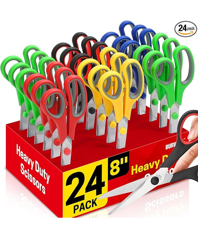 BURVAGY 24-Pack 8" All Purpose Heavy Duty Sharp Scissors Bulk for Office School Home Stainless Steel Blades Safety Soft Grip Handles,Right/Left Handed Scissors