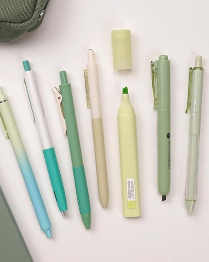 WRITECH Gel Pens Journaling Highlighters: Journal Set Aesthetic Assorted Pastel Color Ink 0.5mm Fine Point Retractable 0.7mm Black Pen Smooth Writing Drawing No Bleed 7ct (Green)