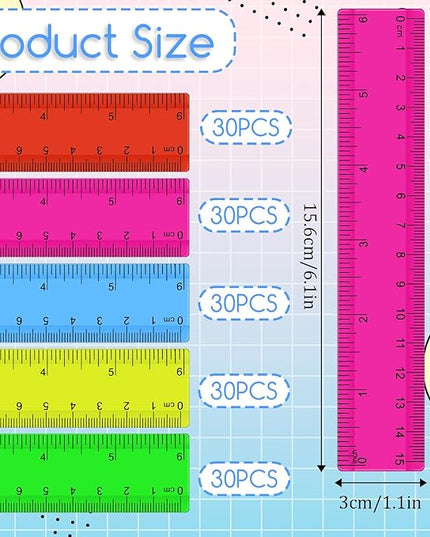 150 Pcs 6 Inch Rulers Bulk, Clear Plastic Assorted Color Metric Rulers with Inches Centimeters Millimeter, Flexible Small Straight Rulers, First Day of School Gift for Students