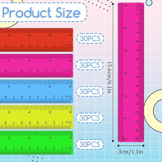 150 Pcs 6 Inch Rulers Bulk, Clear Plastic Assorted Color Metric Rulers with Inches Centimeters Millimeter, Flexible Small Straight Rulers, First Day of School Gift for Students