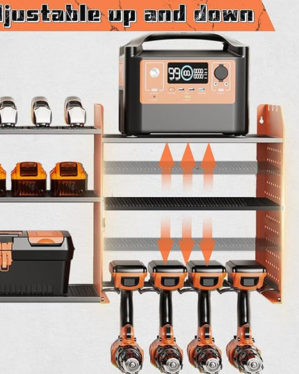 Power Tool Organizer with Charging Station Wall Mount, 3 Layer Expanded Heavy Duty Garage Organization, 45.5 Inch Length Garage Tool Storage, 8 Drills, 2 Assemble Method, Orange