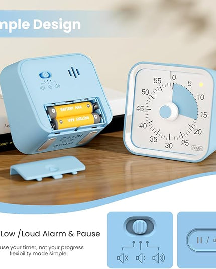 InfPokid Visual Timer for Kids with Pause Function, 60 Minute Countdown Timer for Kids Desk Study, Teaching, Kitchen Cooking, Office Meetings, Time Management for ADHD (Blue)