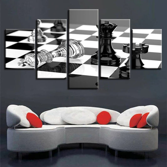 5 Panel Canvas Wall Art Black White Magnetic Chess Board Game Landscape HD Painting For Modern Home living room Office Decoration Large Size Framed Artworks Print Decor (60*32inch)